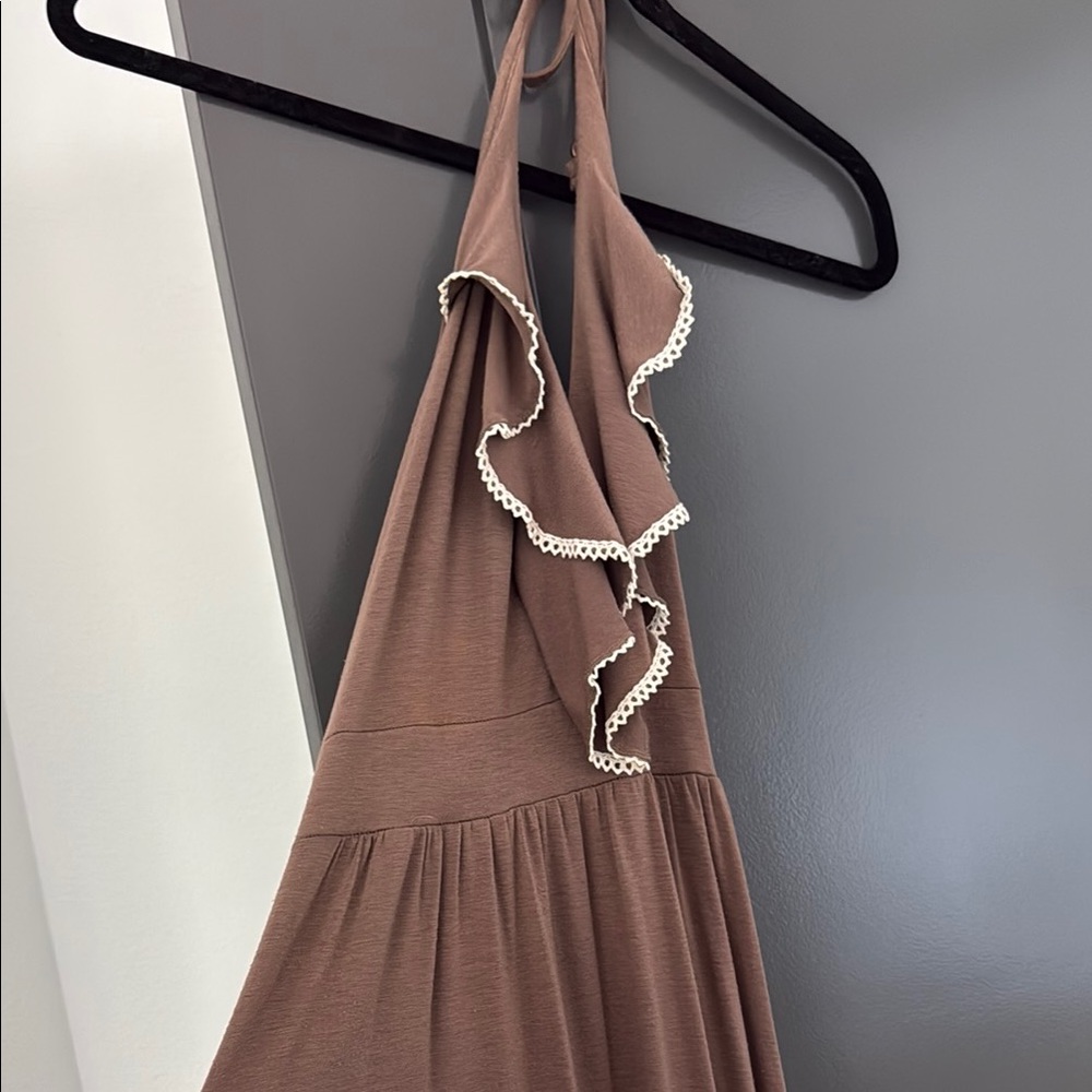 Veronica M Brown Halter Dress with Cream Trim